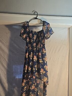 As U Wish Navy Floral Hi-Low Sundress with Pink & Cream Flowers